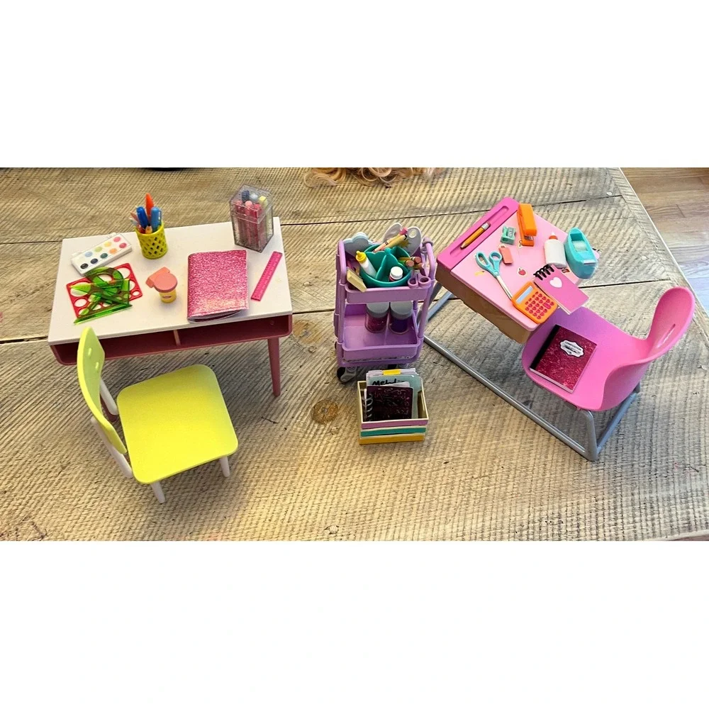 Our Generation Doll School Classroom Desks Chairs Rolling Art Cart & Supplies